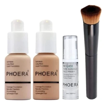 Afbeelding van Phoera Foundation Make upset met volledige dekking Inclusief Nude &amp; Buff Beige 30ml Matte Foundation, 6ml Face Primer Liquid Brush voor eenvoudige toepassing