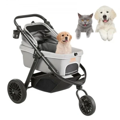 Afbeelding van VEVOR Wandelwagen voor huisdieren, 3 PU wielen, hondenwandelwagen met remmen, 34 kg gewichtscapaciteit, puppywandelwagen huisdierkussen, opbergmand en externe bekerhouder, kleine tot
