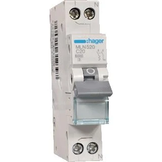 Afbeelding van Hager installatieautomaat 1p n 6ka c karakteristiek 20a 1 module mln520