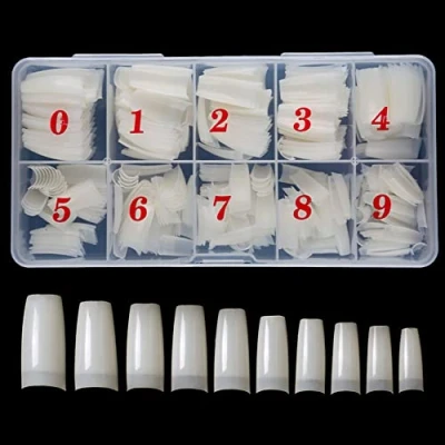 Afbeelding van 500Stuks Nageltips Halve Dekking,Lange Doodskistvorm Valse C Gebogen Nageltips,Natuurlijke Acrylnageltips Doodskist Vormige Volledige Dekking Franse Nepnagels,voor Nagelsalon(10 Maten)