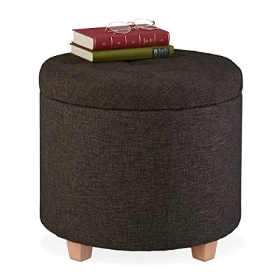 Afbeelding van Relaxdays poef met opbergruimte, opbergpoef rond, voonr woonkamer, op pootjes, deksel, HxD: 41 x 44 cm, bruin