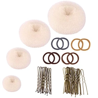 Afbeelding van donut haar broodje maker Set, Zingso 4 stuks vrouwen meisjes haaraccessoires Ring stijl mesh knot shaper set met elastische banden, haarspelden voor dans ballet chignon (Blonde)