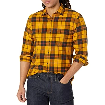 Afbeelding van Amazon Essentials Men&#039;s Geruit flanellen overhemd met lange mouwen en slanke pasvorm (kleuren in beperkte oplage), Zwart Geel Plaid, S