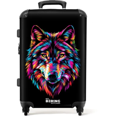 Afbeelding van NoBoringSuitcases.com® Kinderkoffer groot Kindertrolley koffer Wolf Neon Rolkoffer lichtgewicht Reiskoffer met 4 wielen Grote trolley XL 20 kg bagage