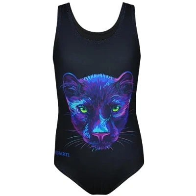Afbeelding van Aquarti Meisjes Badpak met Racerback en Dolfijn Print, Panter/Zwart, 140