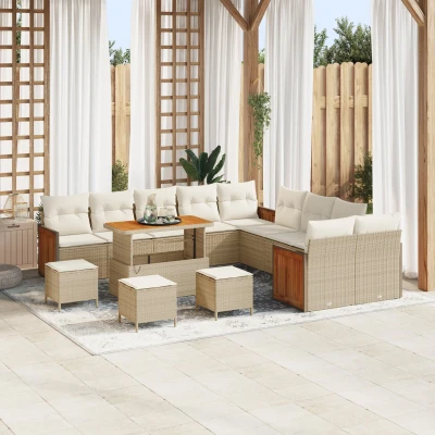 Afbeelding van vidaXL 14 delige Tuinbank Set met Kussens Beige Poly Rattan Acacia