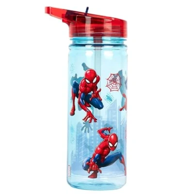 Afbeelding van Marvel Spiderman Plastic fles met rietje, BPA vrij, 580 ml, schoolwaterfles voor jongens, 100% lekvrije duurzame superheldenfles