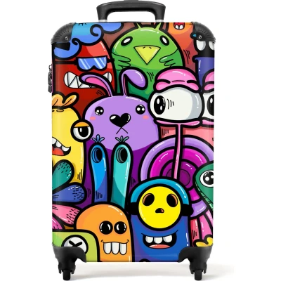 Afbeelding van NoBoringSuitcases.com® Kinderkoffer Monster Regenboog Bloemen Grappig jongens Trolley kinderen Koffer meisje Reiskoffer Past binnen 55x40x20 cm en 55x35x25 Handbagagekoffer