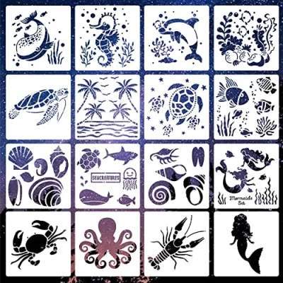 Afbeelding van 16 stuks sjablonenset, schildersjablonen voor kinderen, sjablonen met dierenschilderen, herbruikbare schildersjablonen, zeeschildersjablonen, patronen, doe het zelf handwerk, scrapbooking,