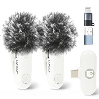 Afbeelding van LAMSCAT Lavalier draadloze microfoon voor iPhone/iPad/Android/USB C/PC, draadloos opnamen, live streaming, YouTube, TikTok, ruisonderdrukking, geen app nodig (wit)