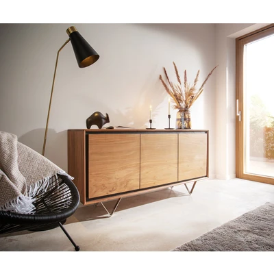 Afbeelding van Ladekast Stonegrace Acacia natuur 145 cm 3 deuren steenfineer V voets Dressoir
