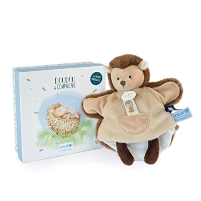 Afbeelding van Doudou et Compagnie Unicef DC3989 knuffeldoek handpop egel bruin 25 cm mooie geschenkdoos Baby &amp; Moi