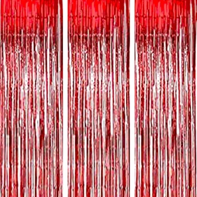 Afbeelding van AILEXI 3 stuks metalen gordijnen, glinsterend, blad, franje, spiegelend, gordijn, deur, raam, decoratie voor verjaardag, bruiloft, feest, accessoires, 92 x 245 cm (92 cm) rood