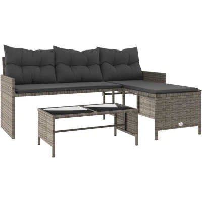 Afbeelding van Tuinbank met tafel en kussens L vormig poly rattan grijs