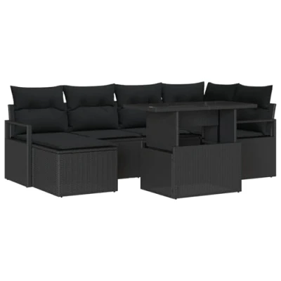 Afbeelding van vidaXL 7 delige Tuin Sofa Set met Kussens Zwart Poly Rattan, 2 Persoons Rattan