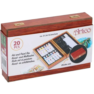 Afbeelding van Artico Acrylverf 12 Tubes met Schilderspalet in Houten Bewaardoos Incl Kwasten