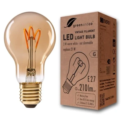 Afbeelding van greenandco® Vintage filament LED lamp amber E27 A60 3W 210lm 2000K extra warm wit 360 230V flikkervrij, niet dimbaar