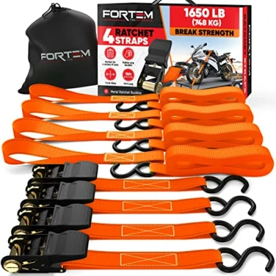 Afbeelding van FORTEM Ratelriemen, 748 KG Breeksterkte, 4 4.57M Spanriemenset, Zachte Lussen, Motorriemen, Spanriemen, Vrachtriemen Voor Vrachtwagens, Rubberen Handgrepen, S clips, Gecoate Metalen Haken, (Zwart)