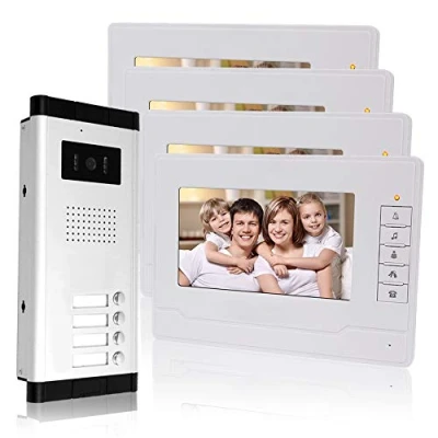 Afbeelding van KDL bedraad 7 inch video deurbel systeem 4 monitoren met 1 buitencamera vier oproepknoppen, IR nachtzicht, audio voor meerdere appartementen/gezinnen