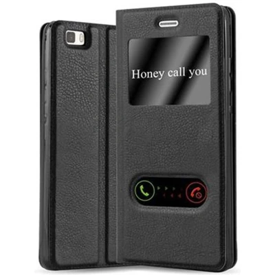 Afbeelding van Cadorabo Hoesje geschikt voor Huawei P8 LITE 2015 in KOMEET ZWART Beschermhoes met magnetische sluiting, standfunctie en 2 kijkvensters Book Case Cover Etui