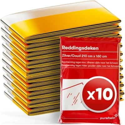 Afbeelding van PURAHELP Reddekens Goud Zilver voor Noodgevallen (10 Stuks) 210 x 160 cm Weerbestendige Noodekdekens Eerste Hulp en Outdoor Compacte Auto, Wandelen &amp; Kamperen