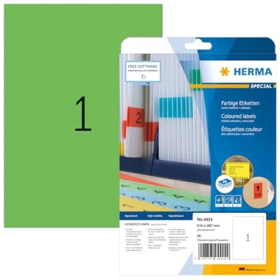 Afbeelding van HERMA 4424 Gekleurde etiketten A4 afneembaar (210 x 297 mm, 20 velles, papier, mat) zelfklevend, bedrukbaar, verwijderbaar en opnieuw klevende kleurenlabels, voor printer, grön