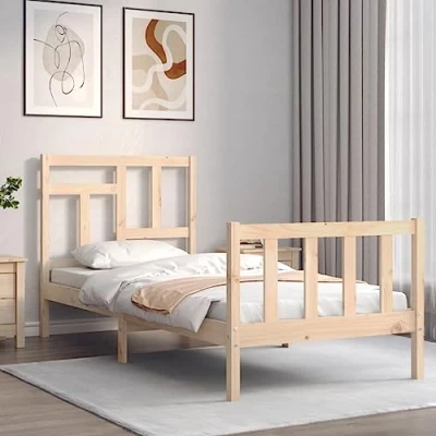 Afbeelding van Bedframe Met Hoofdbord Massief Hout 3Ft Single 90 x 200 cm / Naturel