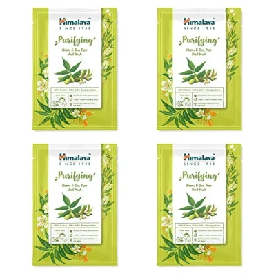 Afbeelding van Himalaya Purifying Neem &amp; Tea Tree Face Sheet Masks, Single Use Cotton Facial Mask Antioxidant Rich for Clear and Refreshed Skin with Hyaluronic Acid Intense Hydration, Count of 4