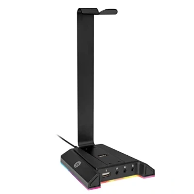 Afbeelding van myWall HK2L headsethouder, hoofdtelefoonstandaard met RGB lichteffect en 7.1 virtual surround effect, 2 USB poorten, gaming headsetstandaard voor alle hoofdtelefoons in zwart