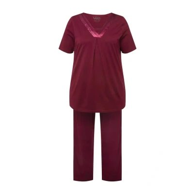 Afbeelding van Ulla Popken Dames grote maten plus size pyjama, satijnen details, V hals, halve mouwen, wijnrood, 42 44