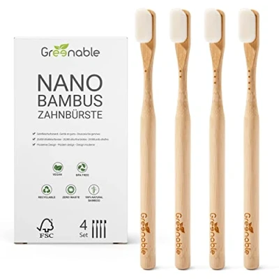 Afbeelding van Greenable ® Nano Tandenborstel van bamboe, set 4, 20.000 extra zachte borstelharen, 100% BPA vrij, bamboe tandenborstel, veganistische en milieuvriendelijke wit