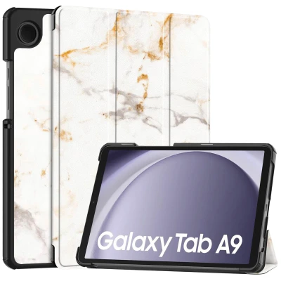 Afbeelding van Samsung Galaxy Tab A9 Hoes: iMoshion Design Trifold Bookcase White Marble Kunstleder Tablet Hoezen