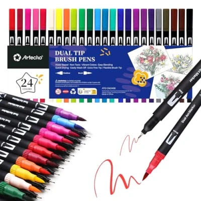 Afbeelding van Artecho Dual Brush Pen set 24 kleuren, viltstiften, dik en dun, penseelstiften, voor bullet journal, kalligrafie, manga, kleurboeken handlettering