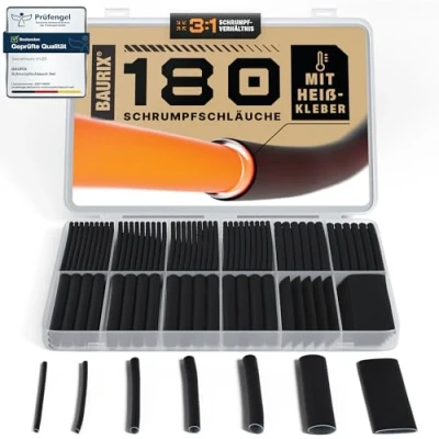 Afbeelding van BAURIX® Krimpkous Set 180 Stuks I 3:1 Krimpverhouding Waterdicht met Smeltlijm Binnenlaag Waterdichte Afdichting IP67 Lengte per Isoleerbuis 88mm