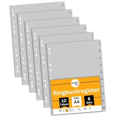 Afbeelding van perfect line Ordner tabbladen DIN A4 van kunststof (PP), 10 tabs (10 delig), set 6, grijs, scheidingsbladen voor dossiermap, recyclebaar, Made in Germany