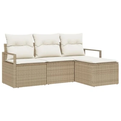 Afbeelding van vidaXL 4 Delige Tuin Sofa Set met Kussens Beige Poly Riet, 2 Zits Riet