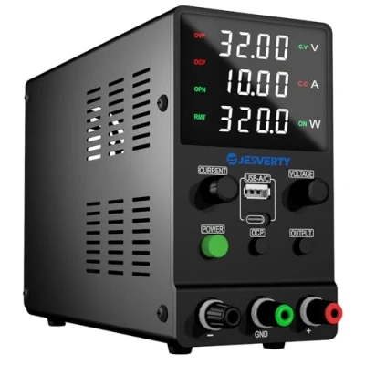 Afbeelding van Laboratoriumvoeding DC voeding variabel, 0 30V 10A instelbare schakeling geregelde bankvoeding met USB en Type C snelladen, encoderknop, uitgang aan/uit schakelaar,4 cijferig LED display Jesverty