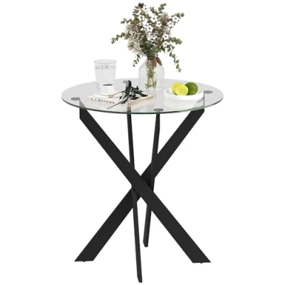 Afbeelding van HOMCOM Esstisch, Rund Küchentisch für 4 Personen, Esszimmertisch mit Stahlbeinen, Tischplatte aus Hartglas, Esszimmer, Küche, Ø70 x 75 cm, Modern Design, Schwarz+Transparent