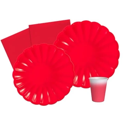 Afbeelding van Party Tableware Set Flower Shape for 24 people (112 pcs: plates Ø23cm, Ø18cm, cups 200ml, 40 napkins 33x33cm) in eco friendly compostable paper, red
