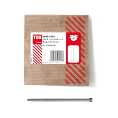 Afbeelding van TOX draadnagels 1,4x25 mm met stootkop voor bijna onzichtbare bevestigingen in hout, blank staal, 80 st. hersluitbare en milieuvriendelijke papieren verpakking, 063600251