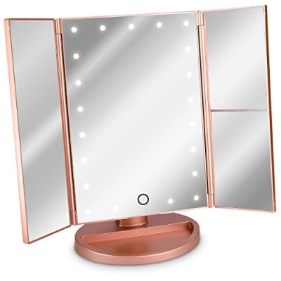 Afbeelding van Navaris inklapbare spiegel met verlichting Make up LED lampjes en dimmer 2+3 maal vergroting Kantelbaar Incl. USB kabel Rosegoud