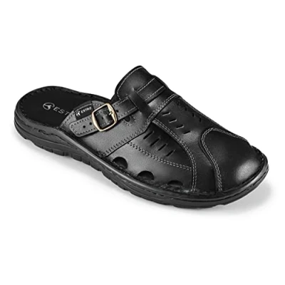 Afbeelding van ESTRO Sandalen Heren Leren Muiltjes Zomerschoenen Zomer met Antislip Gom Zolen S4 (45 EU, Zwart)