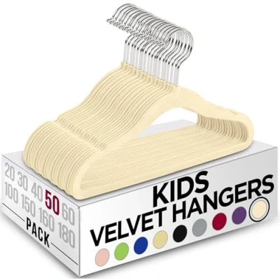 Afbeelding van Utopia Home Fluwelen kleerhangers voor kinderen, duurzaam, 27,9 cm, kledingkast, antislip, dagelijks gebruik (ivoor, 50 stuks)