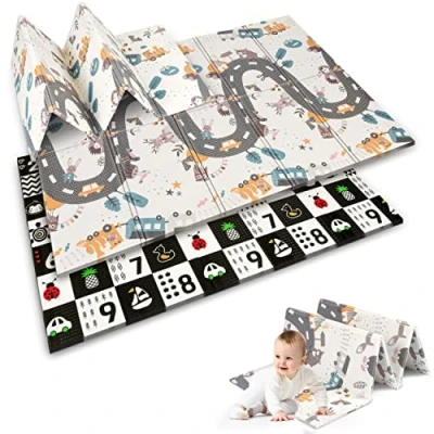 Afbeelding van Nukido Baby Foammat Dubbelzijdig Schattig Kleurrijk Ontwerp om Te Kruipen Perfect Als Cadeau Opvouwbaar 200x150 cm NK 341 Patroon met Het Pad en De Cijfers