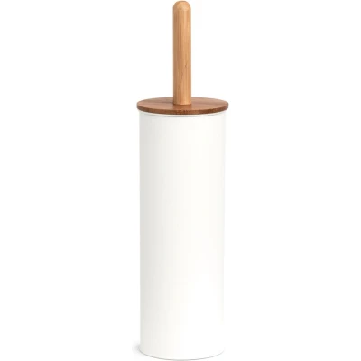 Afbeelding van WC/Toiletborstel in houder bamboe hout/metaal wit H38 x D10 cm Toiletborstels