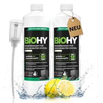 Afbeelding van BiOHY Vloerreiniger voor dweilrobot station met frisse geur (2 x 1 liter) + doseerder, reinigingsmiddel concentraat alle wis en robotstofzuigers natte functie, schuimarm streepvrij