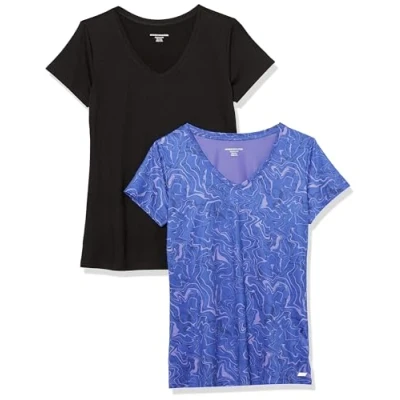 Afbeelding van Amazon Essentials Dames Tech Stretch T shirt met korte mouwen en V hals (verkrijgbaar in grote maten), 2 Pack, Zwart/Blauw Marmer, XS