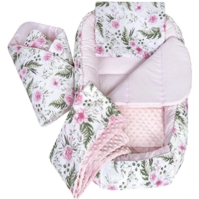 Afbeelding van Medi Partners 5 delige Babynest Set 100x60x15 Uitneembaar inzetstuk Bed Knuffel Nestje Baby deken Pasgeboren 100% katoen (Bloemen met lichtroze minky)