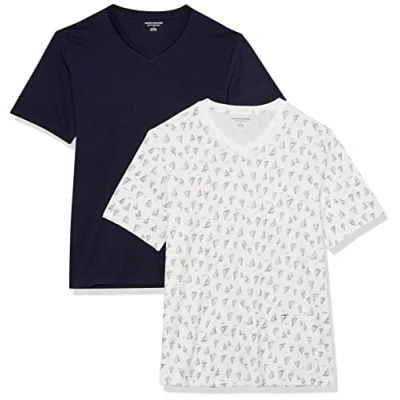 Afbeelding van Amazon Essentials Heren Regular Fit T shirt met korte mouwen en V hals (verkrijgbaar in Big &amp; Tall), 2 stuks, marineblauw/bootprint, XX Large