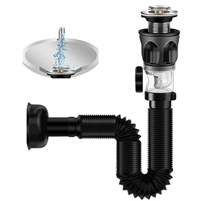 Afbeelding van ZINGKING afvoergarnituur voor wastafel, universele met flexibele afvoerslang pop upfilter, afvoergarnituur, geur en insectenbestendig